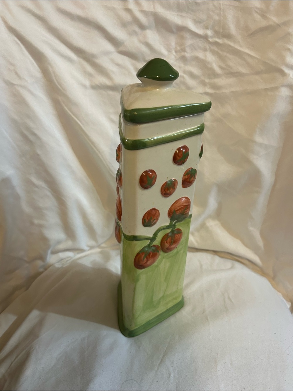 Hand-Painted Tomato Tower Ceramic Vase - Green and Cream spaghetti container